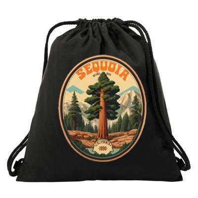 Sequoia National Park Tree Illustration Hiking Retro Badge Drawstring Bag