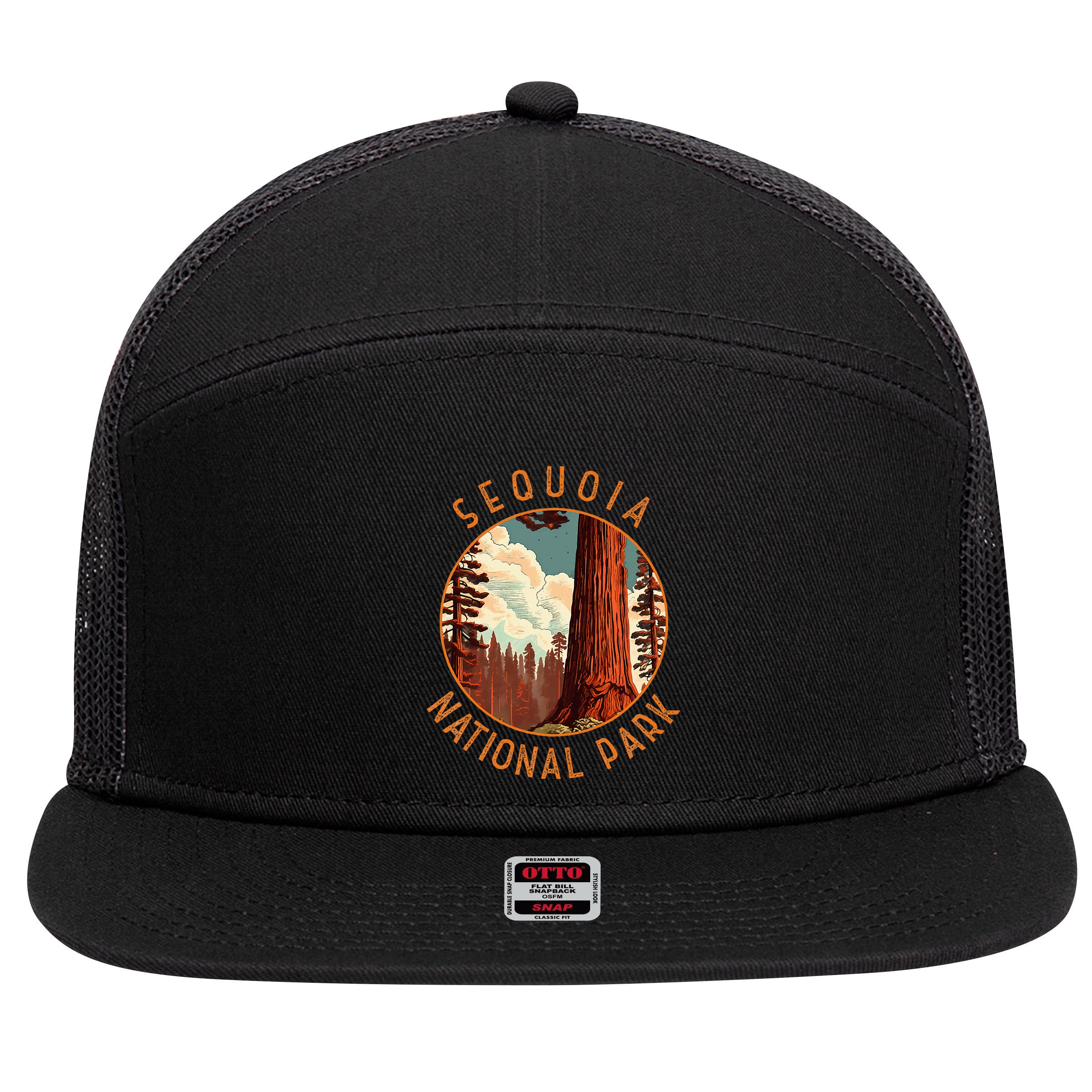 Sequoia National Park Illustration Distressed Circle 7 Panel Mesh Trucker Snapback Hat