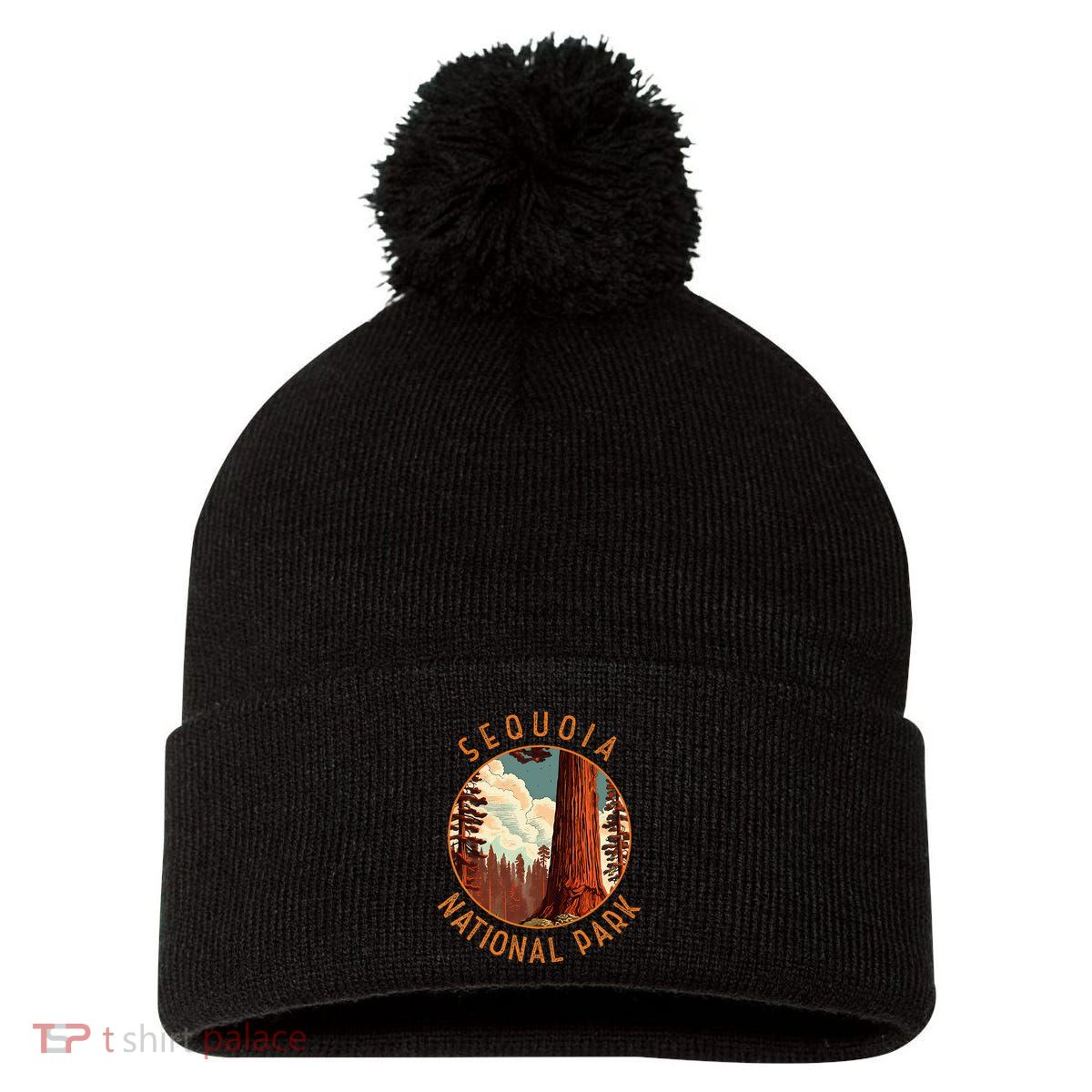Sequoia National Park Illustration Distressed Circle Pom Pom 12in Knit Beanie