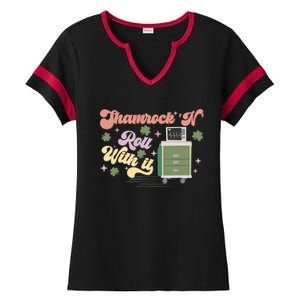 Shamrock N Roll With It Funny ICU Nurse St Patricks Day Ladies Halftime Notch Neck Tee