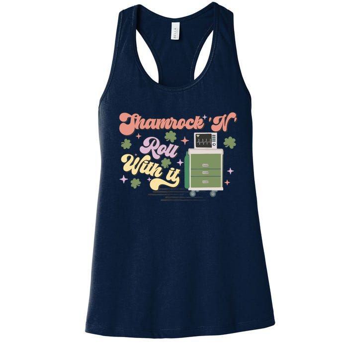 Shamrock N Roll With It Funny ICU Nurse St Patricks Day Women's Racerback Tank