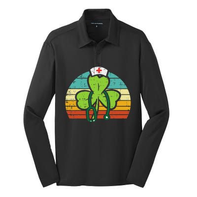 Shamrock Nurse Stethoscope Retro St Patricks Day Nurses RN Silk Touch Performance Long Sleeve Polo