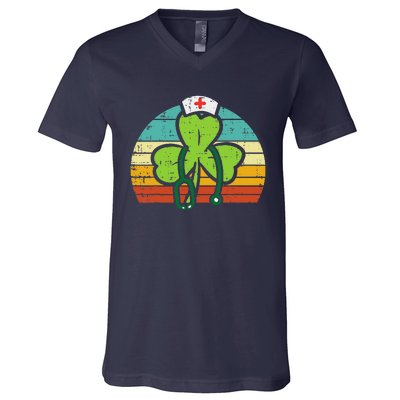 Shamrock Nurse Stethoscope Retro St Patricks Day Nurses RN V-Neck T-Shirt