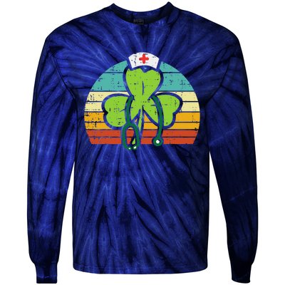 Shamrock Nurse Stethoscope Retro St Patricks Day Nurses RN Tie-Dye Long Sleeve Shirt