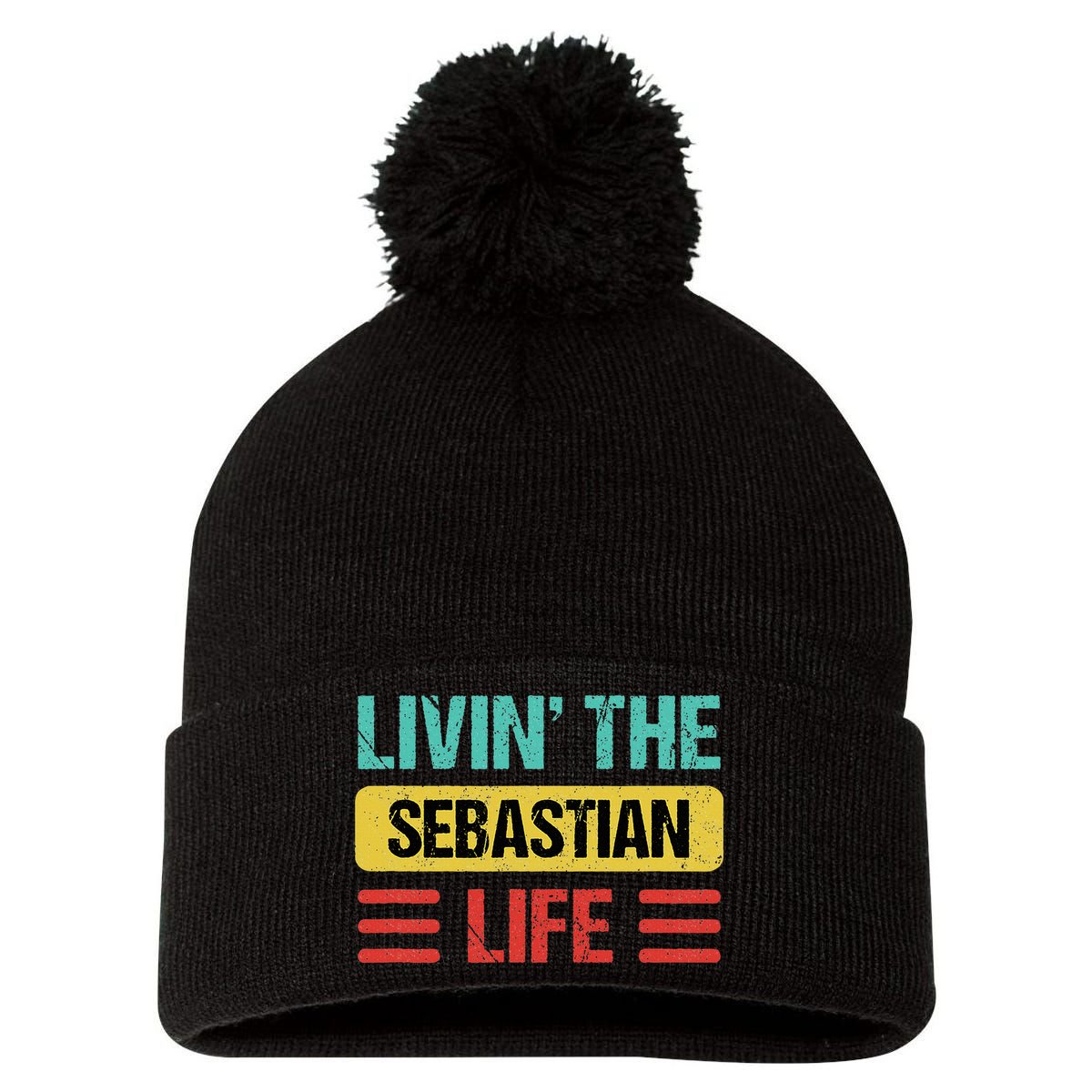 Sebastian Name Pom Pom 12in Knit Beanie