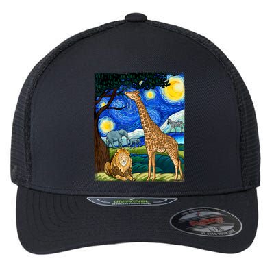 Safari Night Starry Night Zoo Animals Animal Art Safari Flexfit Unipanel Trucker Cap