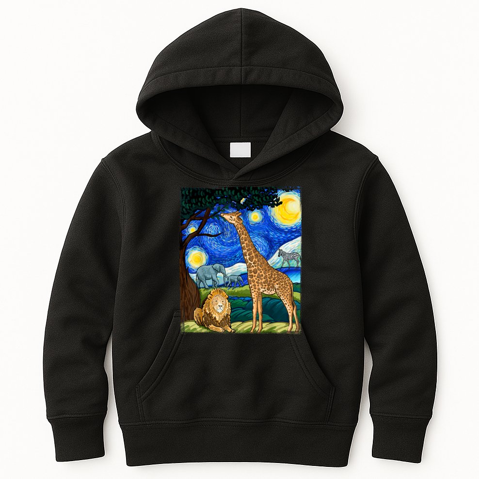 Safari Night Starry Night Zoo Animals Animal Art Safari Kids Hoodie