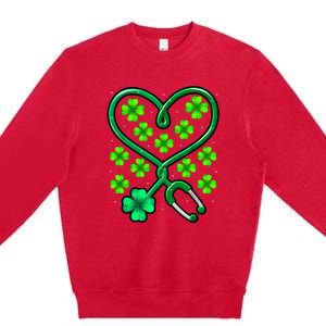 Shamrock Nurse St Patricks Day Stethoscope Heartbeat Clover Premium Crewneck Sweatshirt