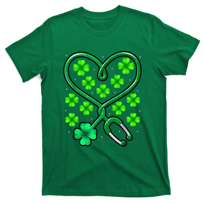 Shamrock Nurse St Patricks Day Stethoscope Heartbeat Clover T-Shirt