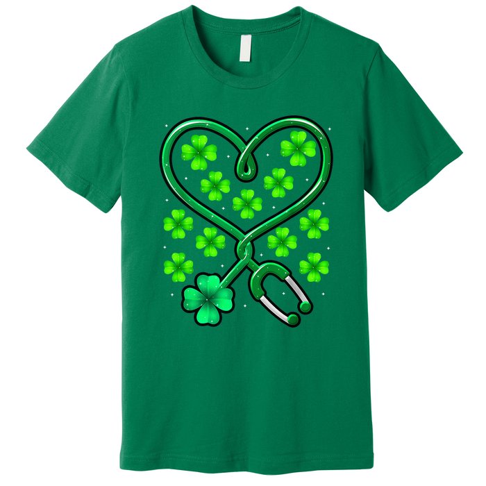 Shamrock Nurse St Patricks Day Stethoscope Heartbeat Clover Premium T-Shirt