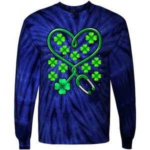 Shamrock Nurse St Patricks Day Stethoscope Heartbeat Clover Tie-Dye Long Sleeve Shirt