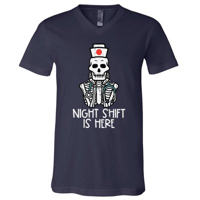 Skeleton Night Shifts Here Halloween Nurse Fall Scrub Wo V-Neck T-Shirt