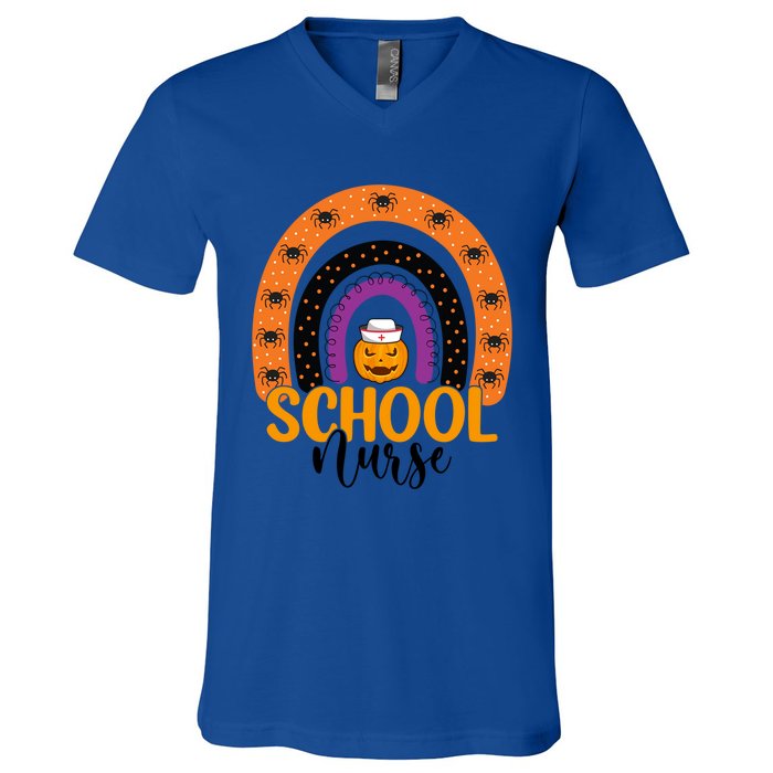 School Nurse Spooky Halloween Pumpkin Rainbow Nursing Great Gift V-Neck T-Shirt