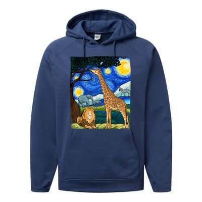 Safari Night Starry Night Zoo Animals Animal Art Safari Performance Fleece Hoodie