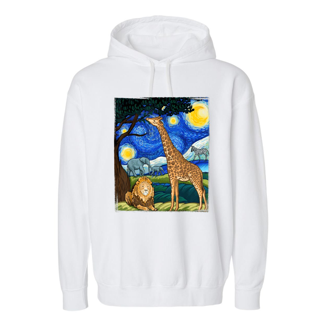 Safari Night Starry Night Zoo Animals Animal Art Safari Garment-Dyed Fleece Hoodie