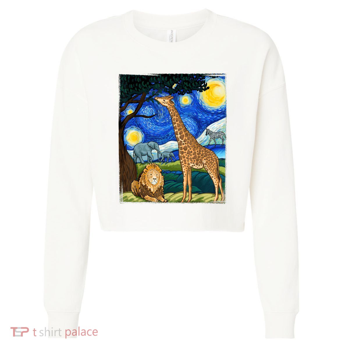Safari Night Starry Night Zoo Animals Animal Art Safari Cropped Pullover Crew