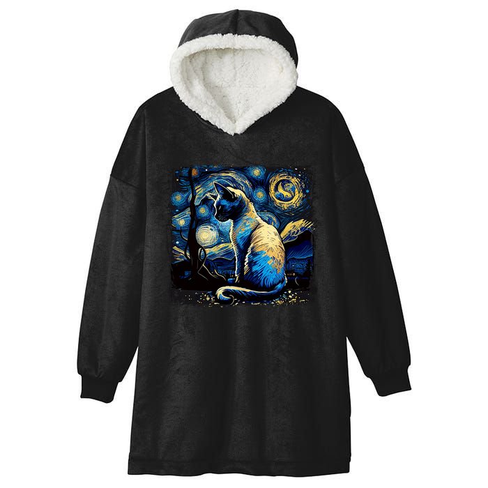 Starry Night Siamese Cat Funny Cat Graphic Cat Lover Hooded Wearable Blanket