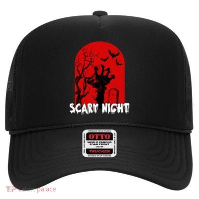 Scary Night Spooky Graveyard Halloween High Crown Mesh Back Trucker Hat