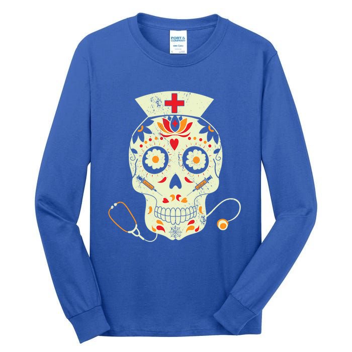 Spooky Nurse Skull Sugar Nurse Cap Stethoscope Halloween Meaningful Gift Tall Long Sleeve T-Shirt