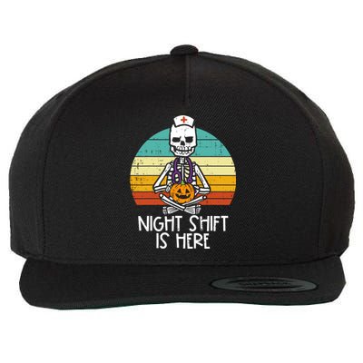 Skeleton Night Shifts Here Retro Halloween Rn Nurses Cute Gift Wool Snapback Cap