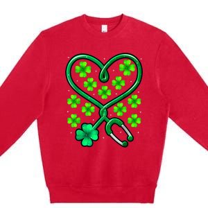 Shamrock Nurse St Patricks Day Stethoscope Heartbeat Clover Premium Crewneck Sweatshirt