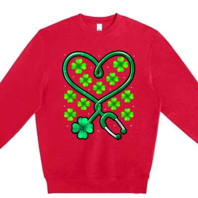 Shamrock Nurse St Patricks Day Stethoscope Heartbeat Clover Premium Crewneck Sweatshirt