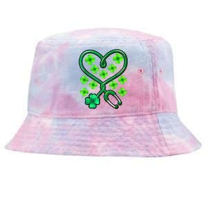 Shamrock Nurse St Patricks Day Stethoscope Heartbeat Clover Tie-Dyed Bucket Hat