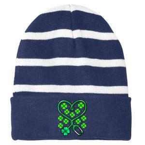 Shamrock Nurse St Patricks Day Stethoscope Heartbeat Clover Striped Beanie with Solid Band