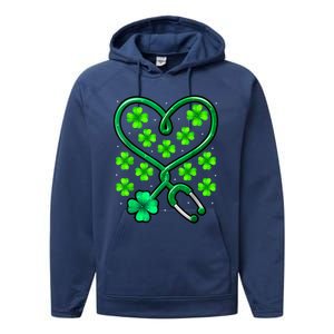 Shamrock Nurse St Patricks Day Stethoscope Heartbeat Clover Performance Fleece Hoodie