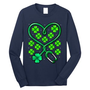 Shamrock Nurse St Patricks Day Stethoscope Heartbeat Clover Long Sleeve Shirt