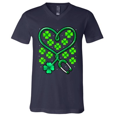 Shamrock Nurse St Patricks Day Stethoscope Heartbeat Clover V-Neck T-Shirt