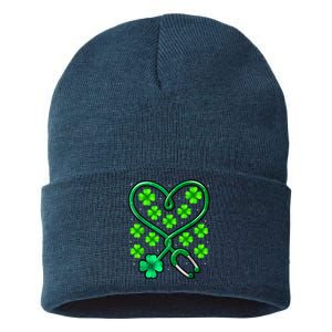 Shamrock Nurse St Patricks Day Stethoscope Heartbeat Clover Sustainable Knit Beanie