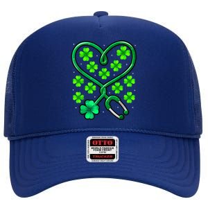 Shamrock Nurse St Patricks Day Stethoscope Heartbeat Clover High Crown Mesh Back Trucker Hat