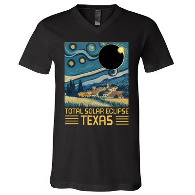 Starry Night Texas Total Solar Eclipse Artwork V-Neck T-Shirt