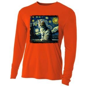 Starry Night Tabby Cat Funny Tabby Cat Graphic Men Women Cooling Performance Long Sleeve Crew