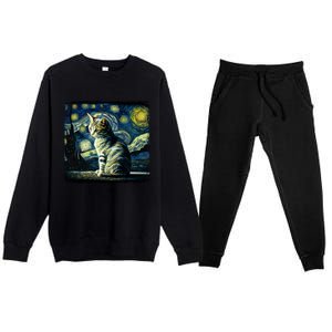 Starry Night Tabby Cat Funny Tabby Cat Graphic Men Women Premium Crewneck Sweatsuit Set