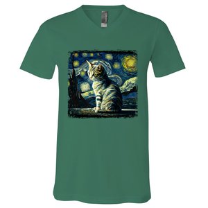 Starry Night Tabby Cat Funny Tabby Cat Graphic Men Women V-Neck T-Shirt