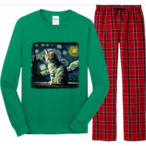 Starry Night Tabby Cat Funny Tabby Cat Graphic Men Women Long Sleeve Pajama Set