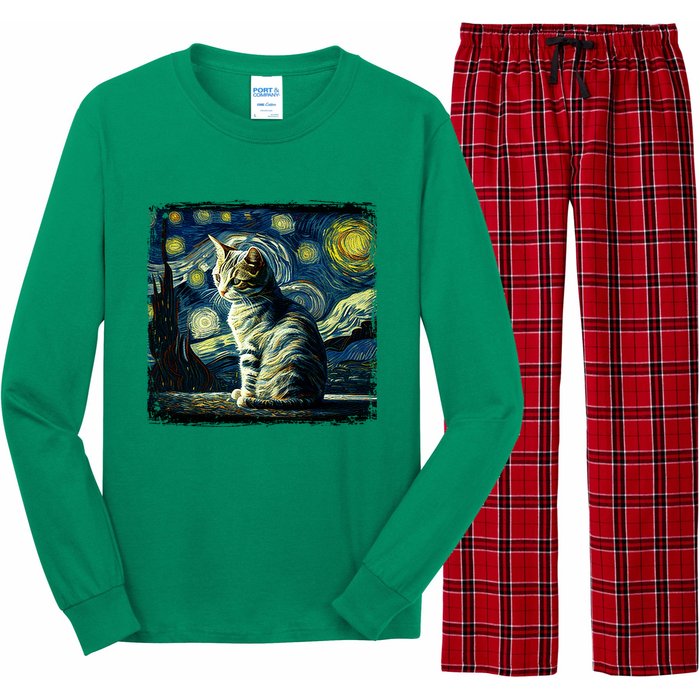 Starry Night Tabby Cat Funny Tabby Cat Graphic Men Women Long Sleeve Pajama Set