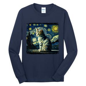 Starry Night Tabby Cat Funny Tabby Cat Graphic Men Women Tall Long Sleeve T-Shirt