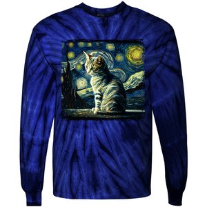 Starry Night Tabby Cat Funny Tabby Cat Graphic Men Women Tie-Dye Long Sleeve Shirt