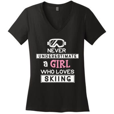 Skiing  Never Underestimate A Ski  Women's V-Neck T-Shirt