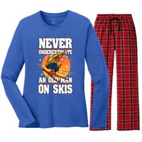 Skiing Never Underestimate An Old On Skis Winter Season Meaningful Gift Women's Long Sleeve Flannel Pajama Set 