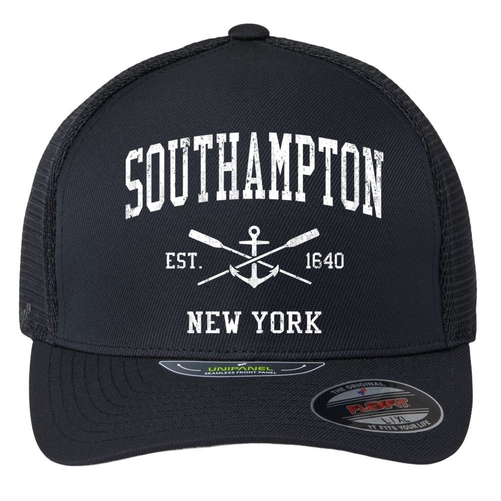 Southampton Ny Vintage Crossed Oars And Boat Anchor Sports Cool Gift Flexfit Unipanel Trucker Cap
