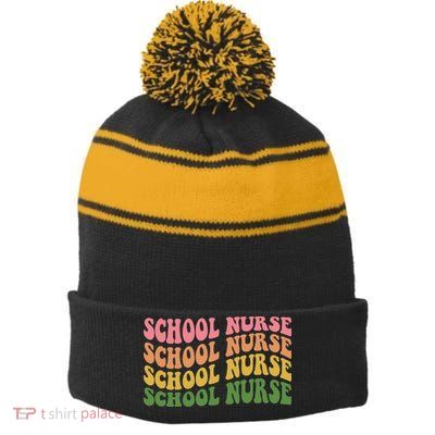 School Nurse Word Mashup Stripe Pom Pom Beanie