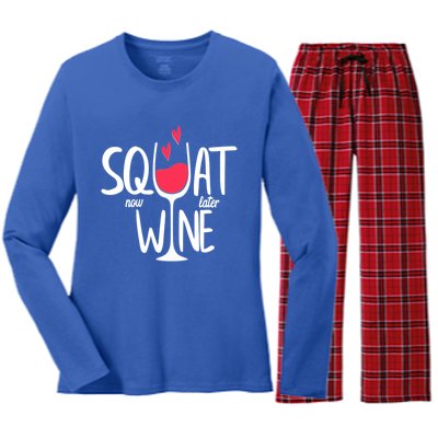 Squat Now Wine Later Funny Wine Gym Exercise Lovers Gift Funny Gift Women's Long Sleeve Flannel Pajama Set 