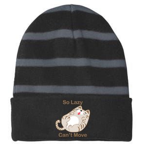 So Lazy Can't Move Funny Fat Cat Striped Beanie with Solid Band