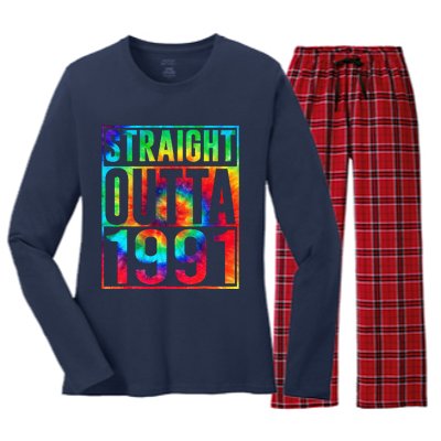 Straight Outta 1991 Dirty Thirty Funny 32nd Birthday Gift Women's Long Sleeve Flannel Pajama Set 