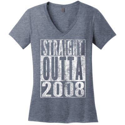 Straight Outta 2008 15th Birthday Present Gift 15 Years Old Zip Hoodie Women's V-Neck T-Shirt