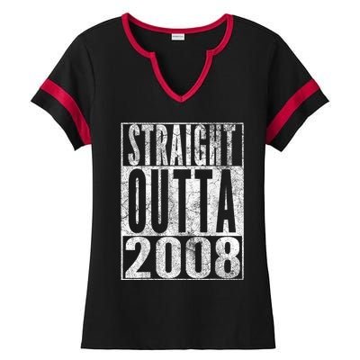 Straight Outta 2008 15th Birthday Present Gift 15 Years Old Ladies Halftime Notch Neck Tee